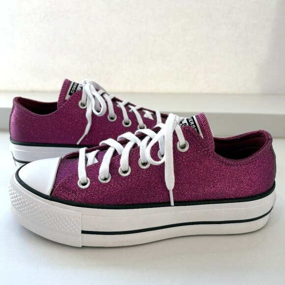 Converse CTAS Glitter Lift Platform Ox Sneakers Low Top Sparkle Party Berry Pink - Picture 2 of 7